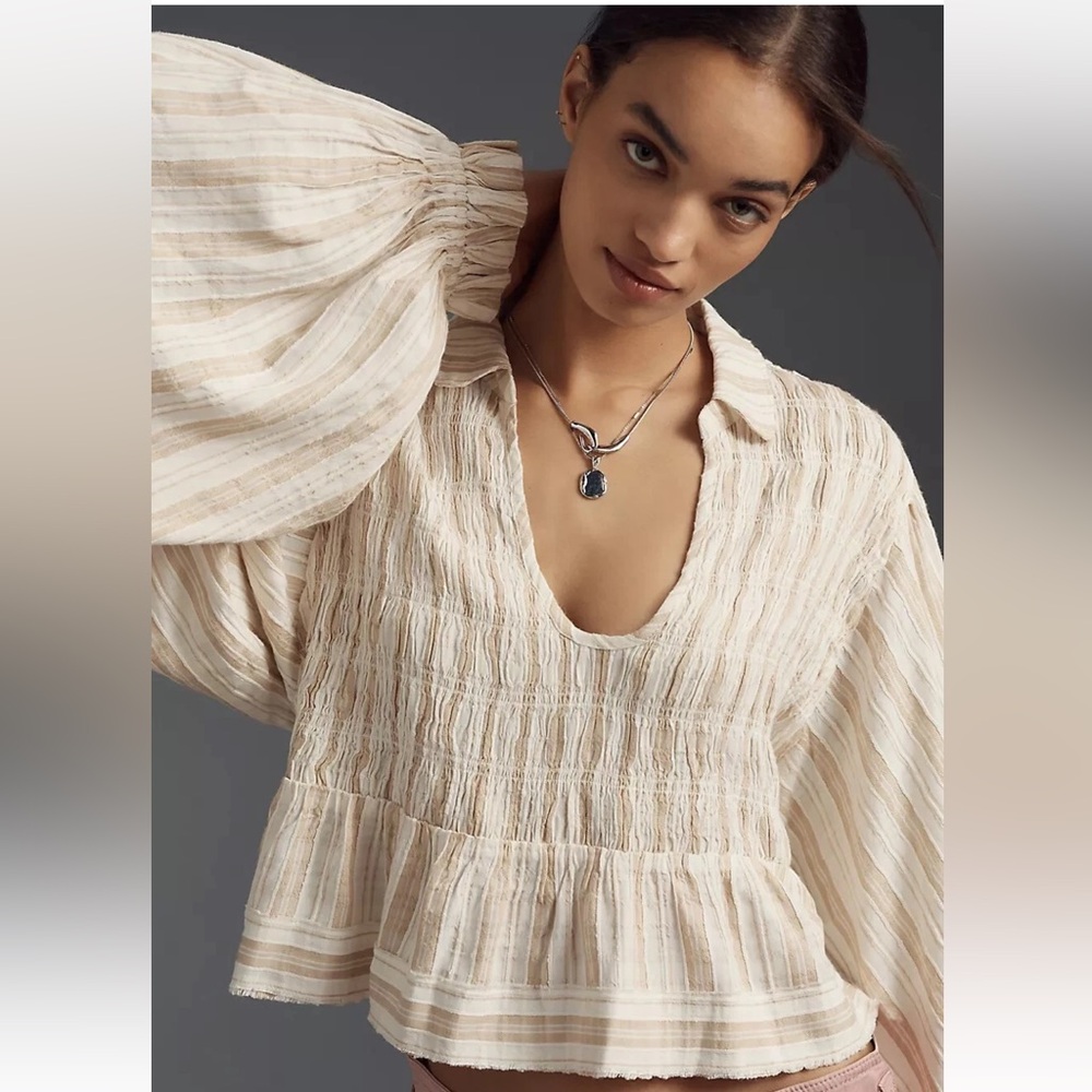 Anthropologie Cream Striped Peasant Blouse